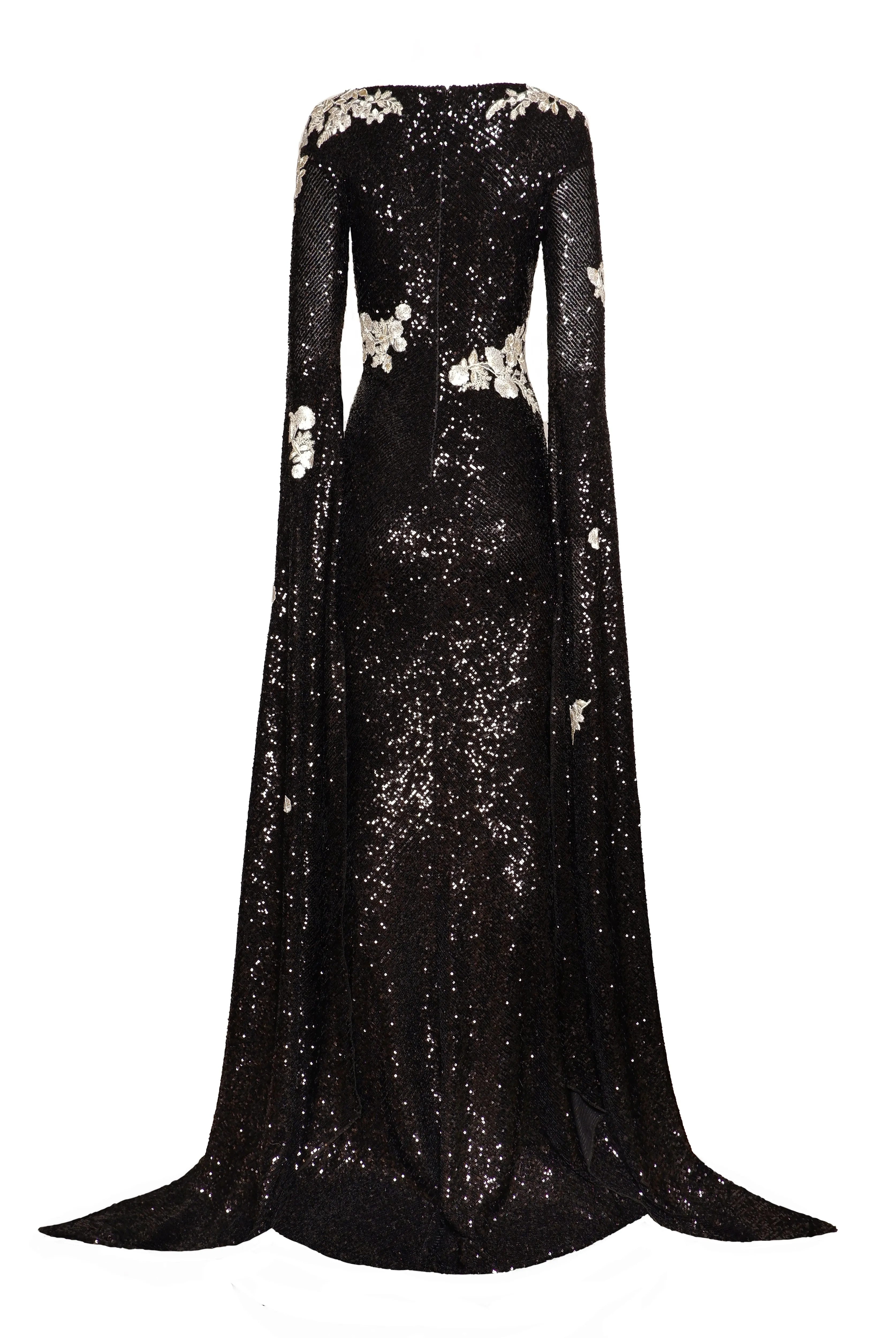 STRETCH SEQUIN CASCADING SLEEVE FLORAL APPLIQUE GOWN sold by Naeem Khan product image thumbnail 3