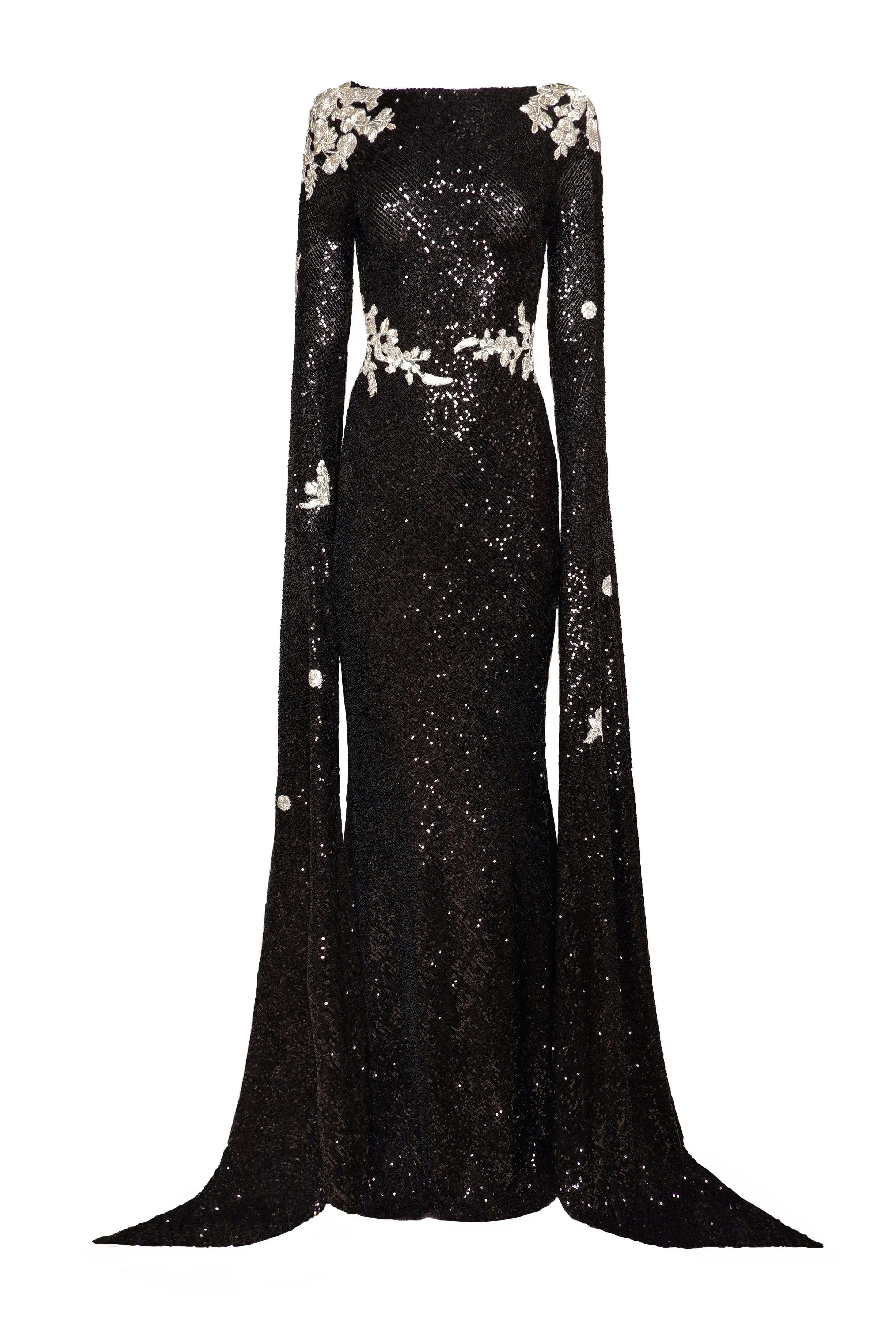 STRETCH SEQUIN CASCADING SLEEVE FLORAL APPLIQUE GOWN sold by Naeem Khan product image thumbnail 2