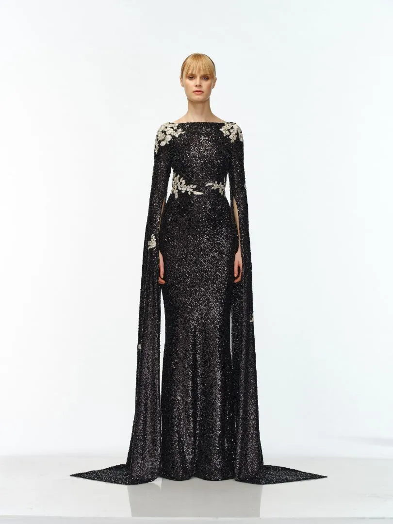 STRETCH SEQUIN CASCADING SLEEVE FLORAL APPLIQUE GOWN sold by Naeem Khan