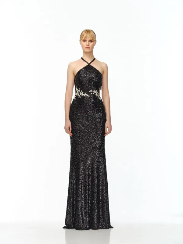 STRETCH SEQUIN HALTER FLORAL APPLIQUE GOWN made by Naeem Khan