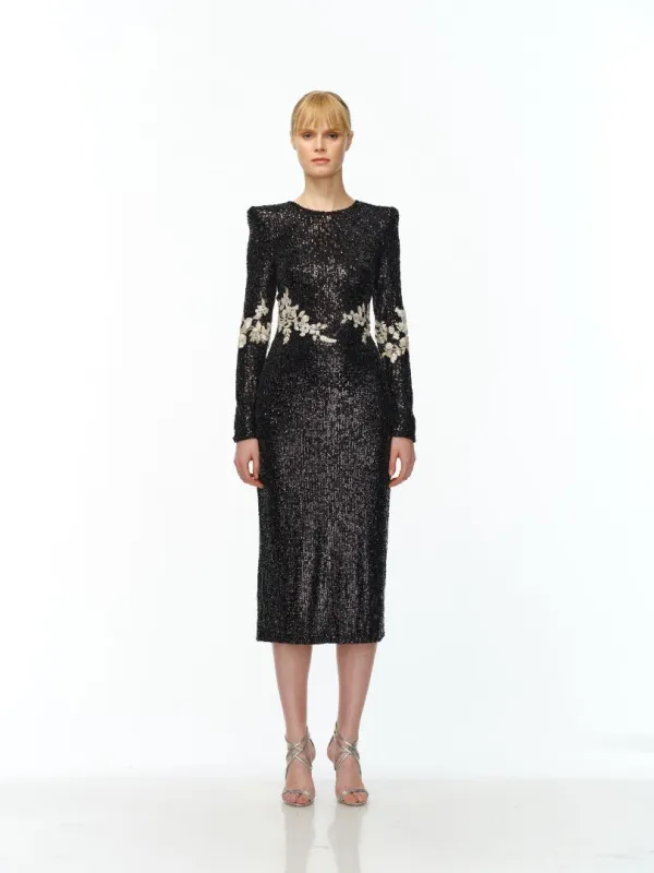 STRETCH SEQUIN LONG SLEEVE FLORAL APPLIQUE DRESS made by Naeem Khan