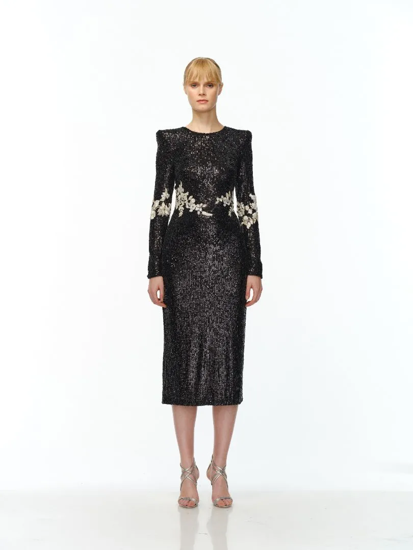 STRETCH SEQUIN LONG SLEEVE FLORAL APPLIQUE DRESS sold by Naeem Khan