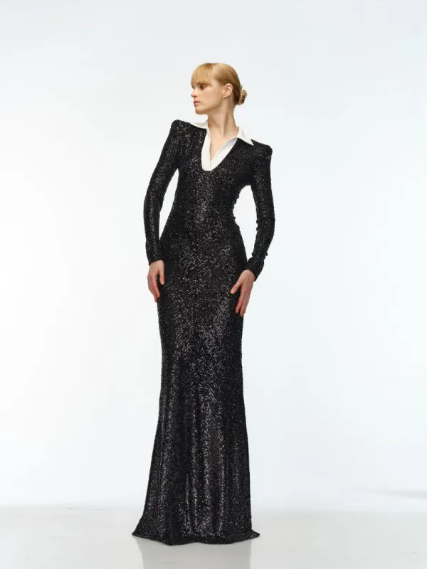 STRETCH SEQUIN LONG SLEEVE COLLARED GOWN sold by Naeem Khan