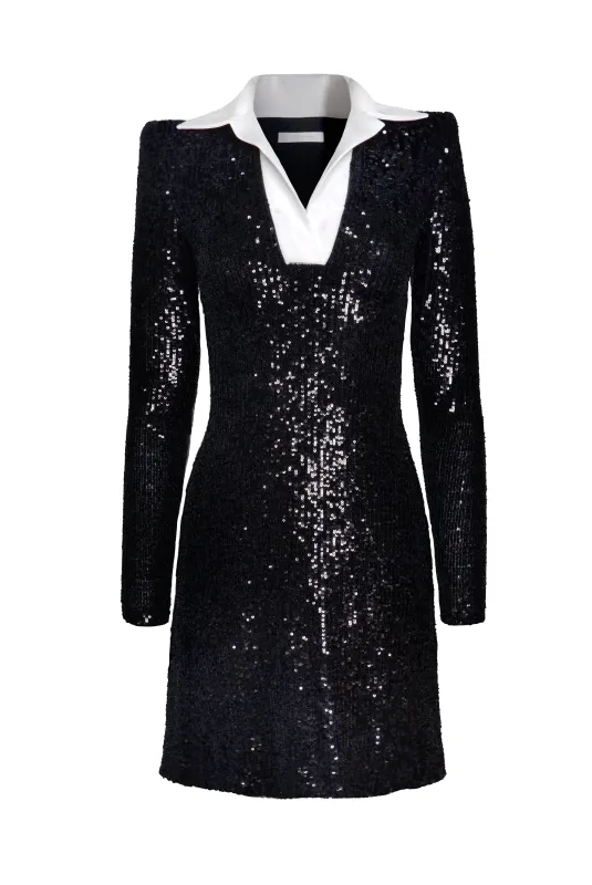 STRETCH SEQUIN LONG SLEEVE COLLARED DRESS made by Naeem Khan
