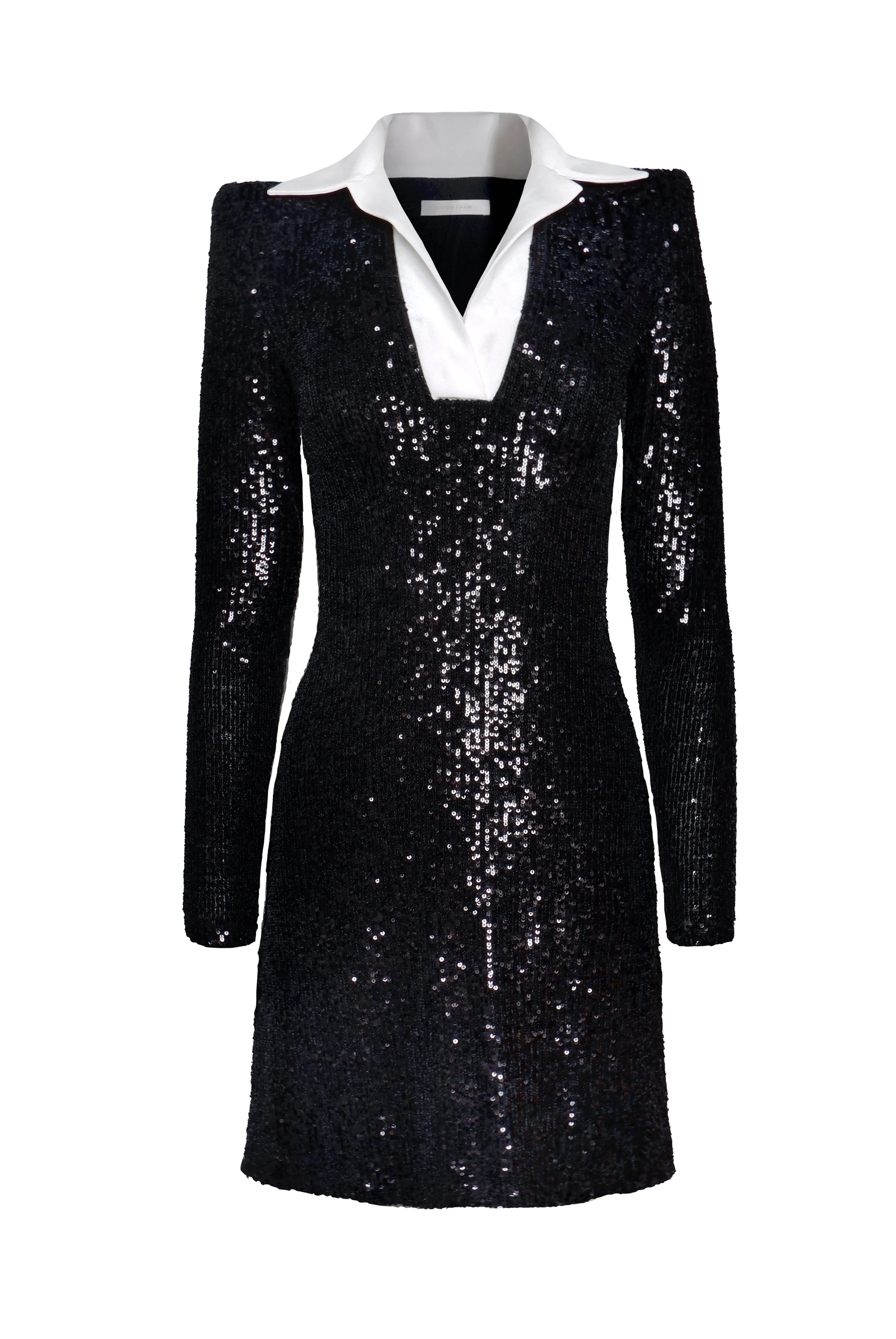 STRETCH SEQUIN LONG SLEEVE COLLARED DRESS sold by Naeem Khan