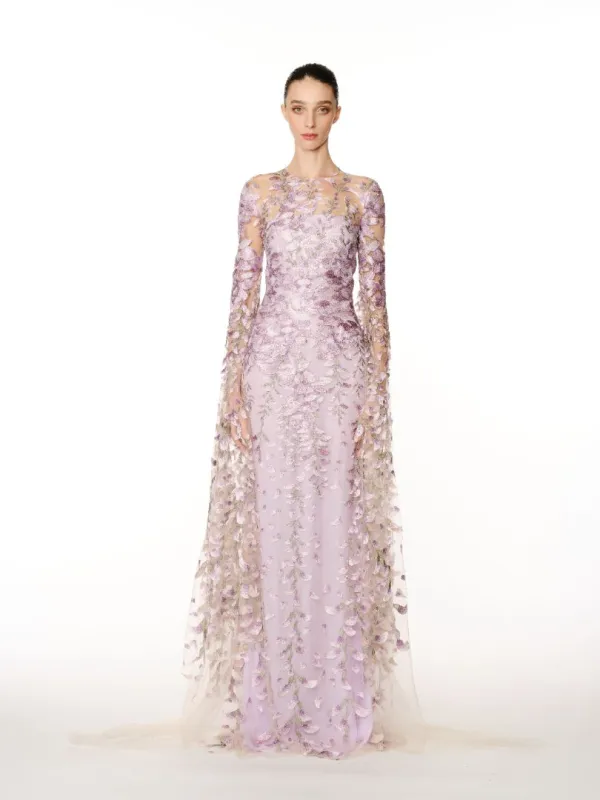 FLORAL FIT AND FLARE GOWN WITH CASCADING SLEEVES sold by Naeem Khan