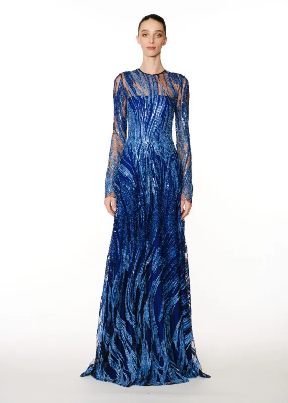 ABSTRACT SEQUIN FULL SKIRT LONG SLEEVE GOWN sold by Naeem Khan