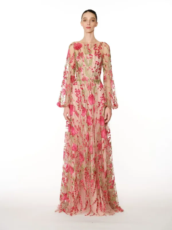 FLORAL BOATNECK BLOUSON SLEEVE GOWN sold by Naeem Khan