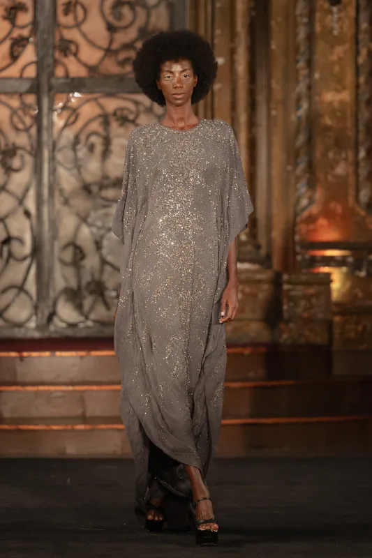 METALLIC RAFFIA SWEETHEART HIGH-LOW GOWN sold by Naeem Khan