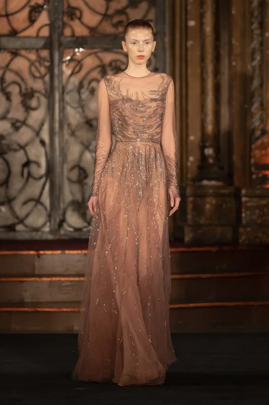 METALLIC RAFFIA HALTER GOWN sold by Naeem Khan