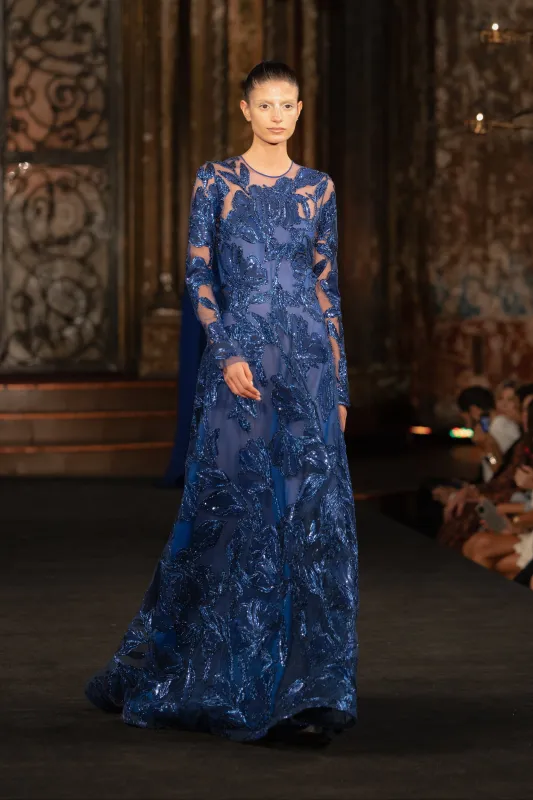 METALLIC RAFFIA BOAT NECK LONG SLEEVE GOWN sold by Naeem Khan