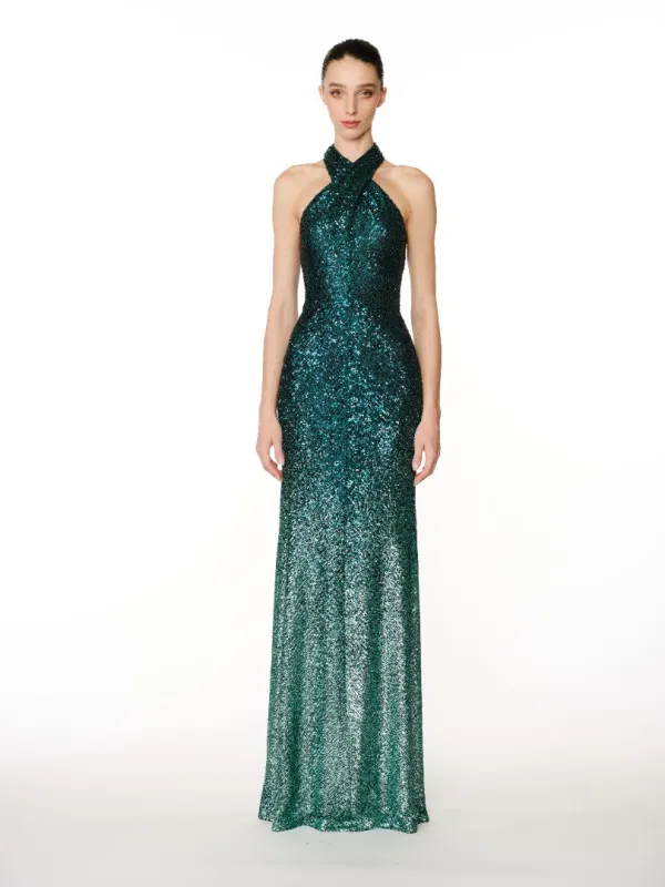 CRYSTAL EMBELLISHED ILLUSION NECKLINE FIT-AND-FLARE GOWN sold by Naeem Khan
