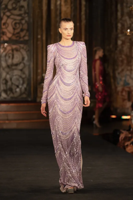 METALLIC RAFFIA LONG SLEEVE TEA-LENGTH DRESS sold by Naeem Khan