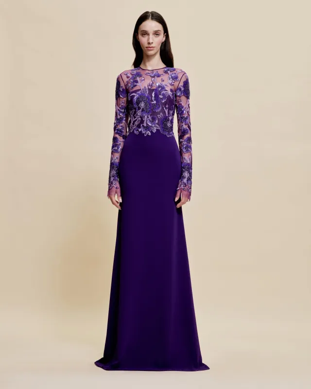 BEADED BODICE JEWEL NECK LONG SLEEVE FIT-AND-FLARE GOWN sold by Naeem Khan