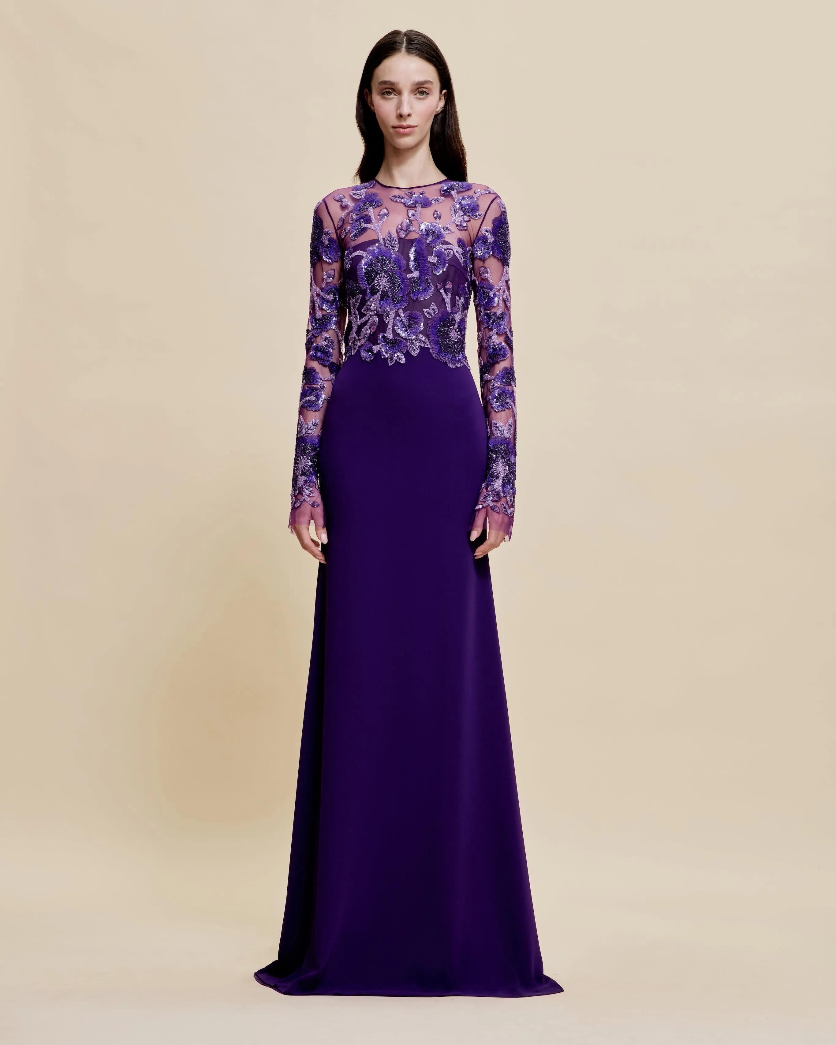 BEADED BODICE JEWEL NECK LONG SLEEVE FIT-AND-FLARE GOWN sold by Naeem Khan