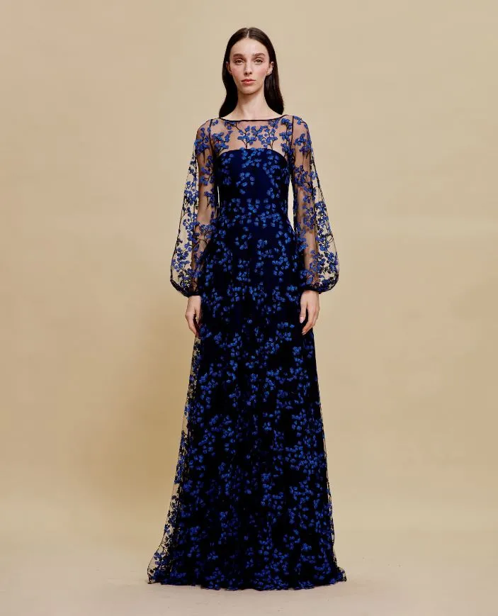 BOAT NECK FULL SKIRT GOWN WITH BLOUSON SLEEVES sold by Naeem Khan