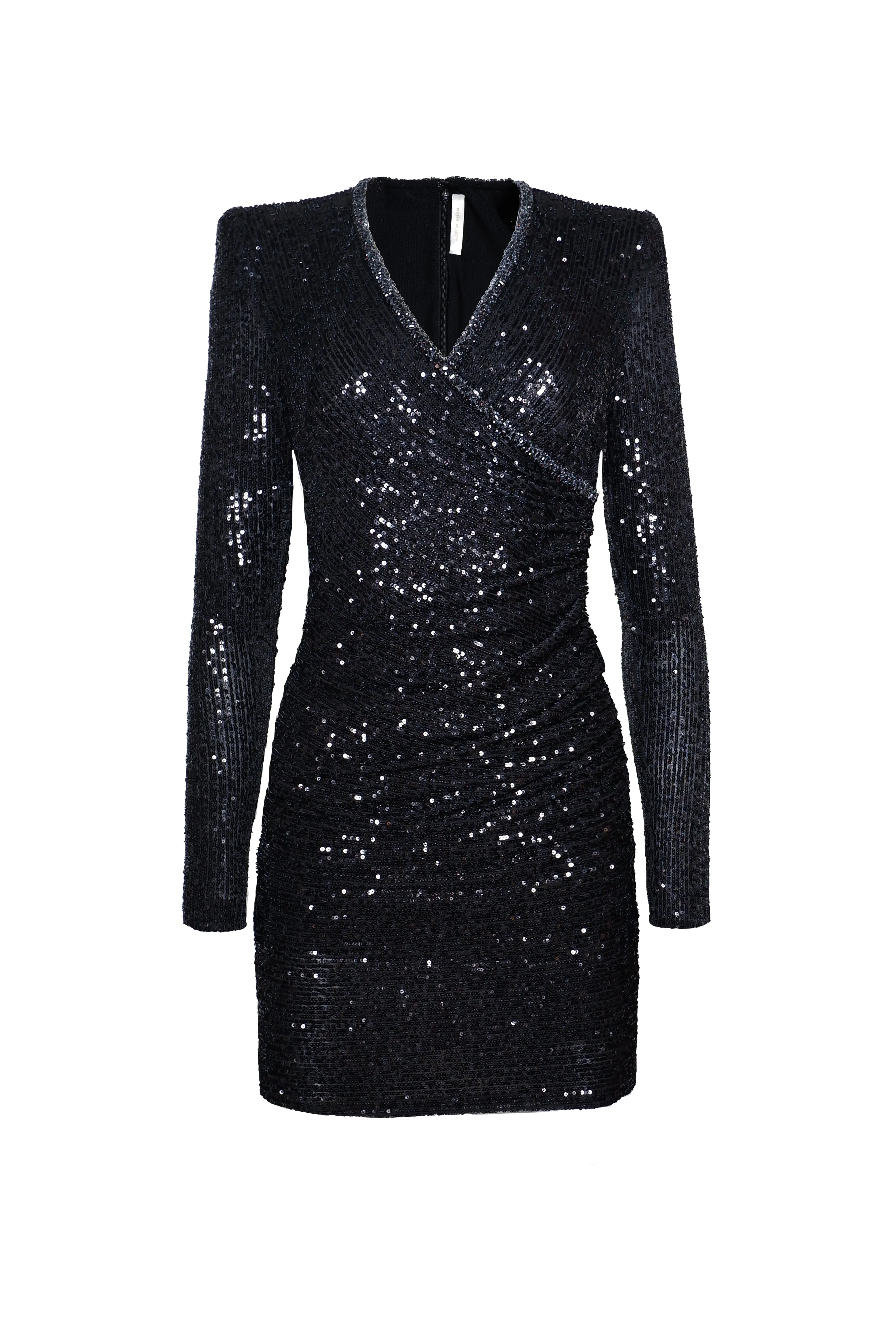 STRETCH SEQUIN V-NECK RUCHED DRESS WITH LONG SLEEVES sold by Naeem Khan product image thumbnail 2