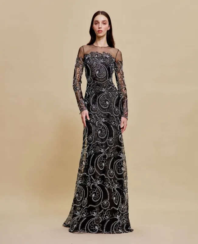 JEWEL NECK A-LINE GOWN WITH LONG SLEEVES made by Naeem Khan