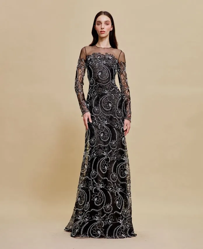 JEWEL NECK A-LINE GOWN WITH LONG SLEEVES sold by Naeem Khan