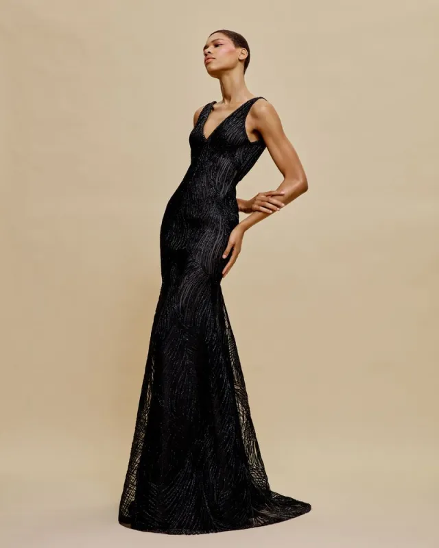 RAFFIA V-NECK FIT-AND-FLARE GOWN sold by Naeem Khan