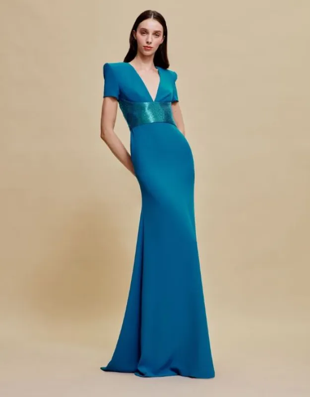 V-NECK FIT-AND-FLARE GOWN WITH BEADED BELT sold by Naeem Khan