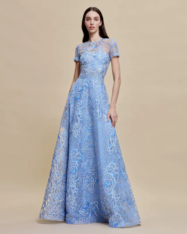 FLORAL RAFFIA JEWEL NECK FULL SKIRT GOWN WITH CAP SLEEVES sold by Naeem Khan
