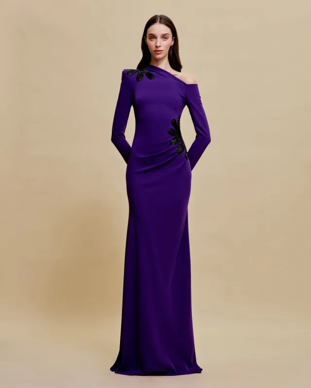 SCOOP NECK COLLUMN GOWN WITH CAP SLEEVES AND EMBELLISHED WAIST sold by Naeem Khan