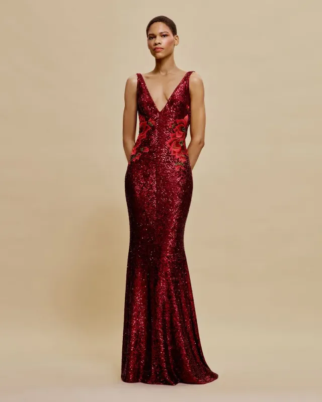 STRETCH SEQUIN V-NECK FIT-AND-FLARE GOWN WITH COWL BACK sold by Naeem Khan