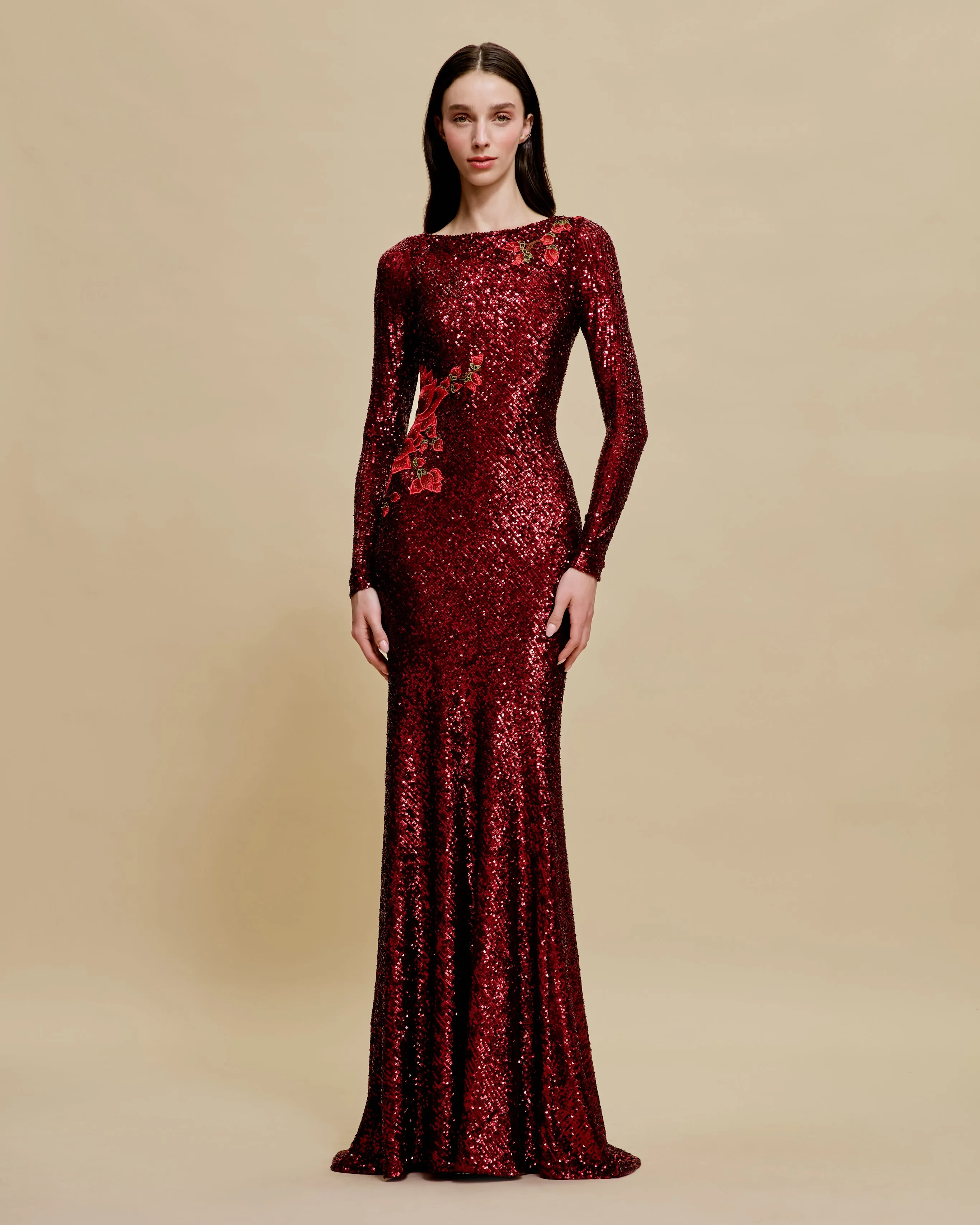 STRETCH SEQUIN BOAT NECK FIT-AND-FLARE GOWN WITH LONG SLEEVES sold by Naeem Khan