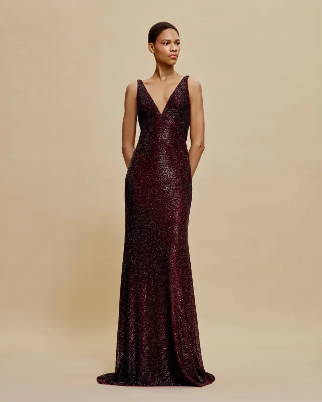 V-NECK EMPIRE WAIST COWL BACK FIT-AND-FLARE GOWN sold by Naeem Khan