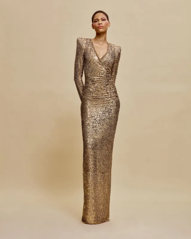 STRETCH SEQUIN V-NECK RUCHED FIT-AND-FLARE GOWN WITH CAP SLEEVES made by Naeem Khan