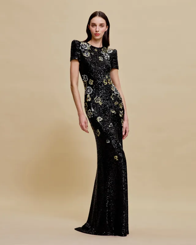 STRETCH SEQUIN JEWEL NECK CAP SLEEVE FIT-AND-FLARE GOWN sold by Naeem Khan