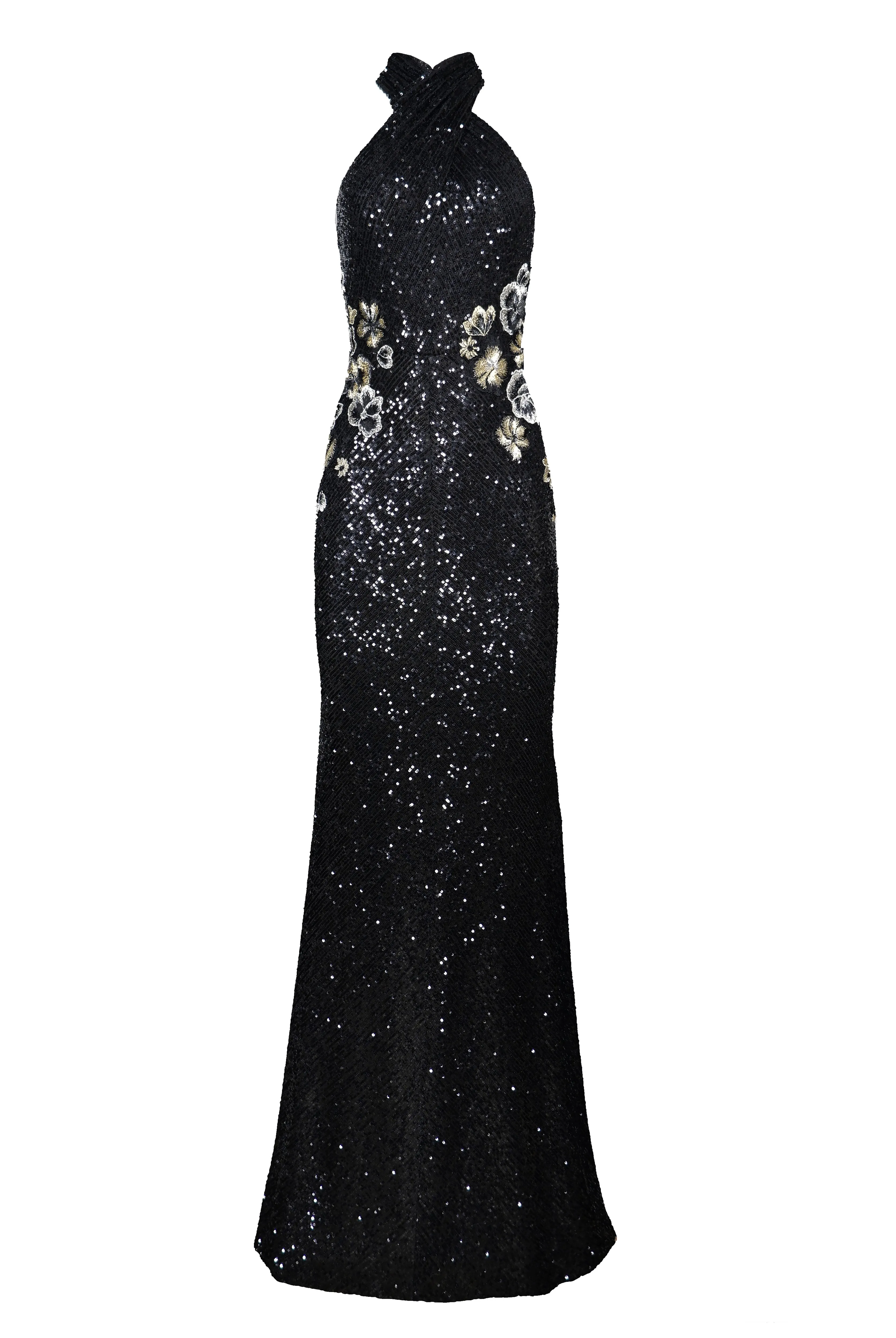 STRETCH SEQUIN CRISS-CROSS NECK FIT-AND-FLARE GOWN sold by Naeem Khan product image thumbnail 3