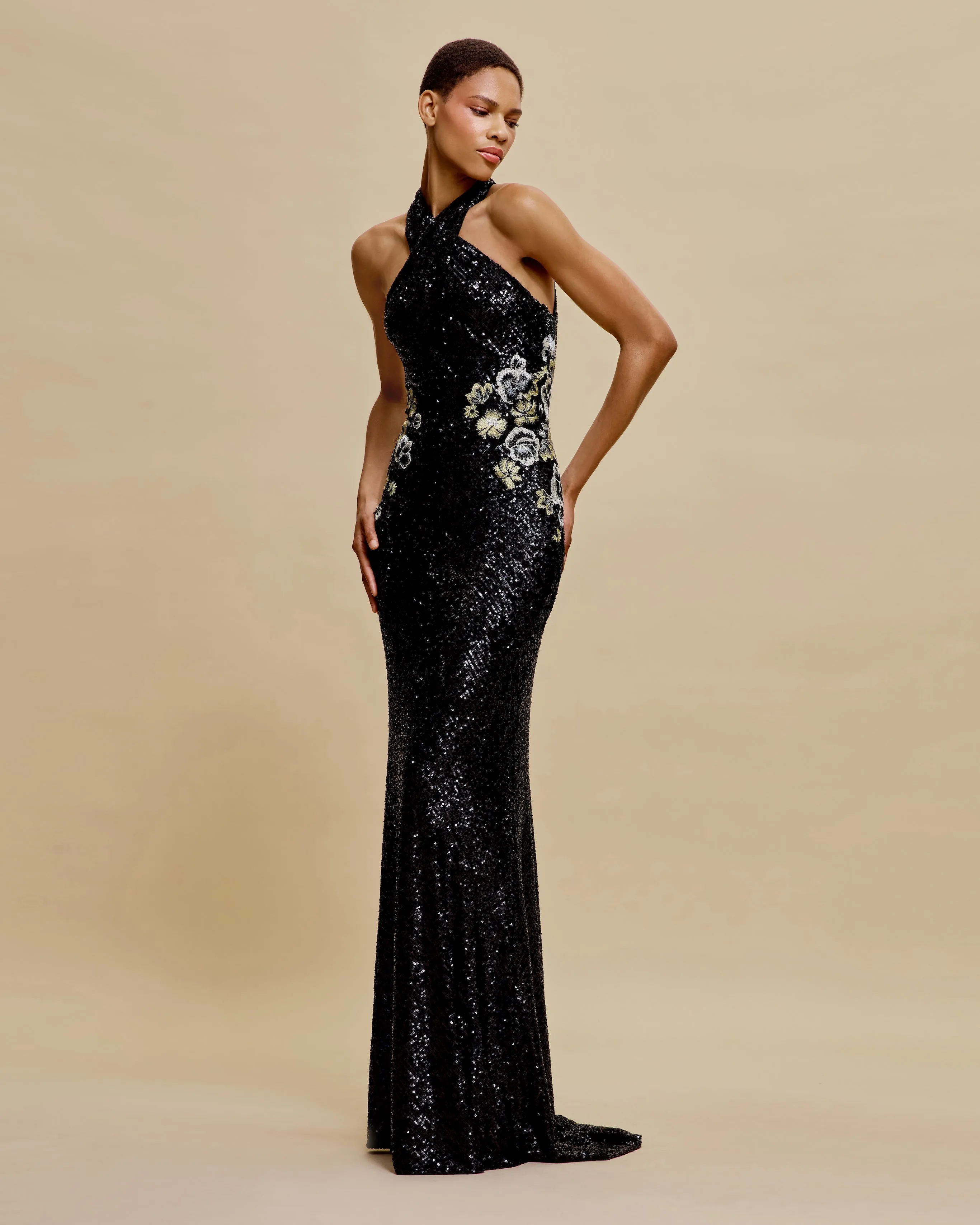 STRETCH SEQUIN CRISS-CROSS NECK FIT-AND-FLARE GOWN sold by Naeem Khan