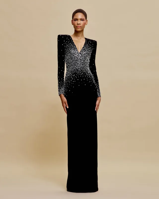 PEARL EMBELLISHED V-NECK LONG SLEEVE COLUMN GOWN sold by Naeem Khan