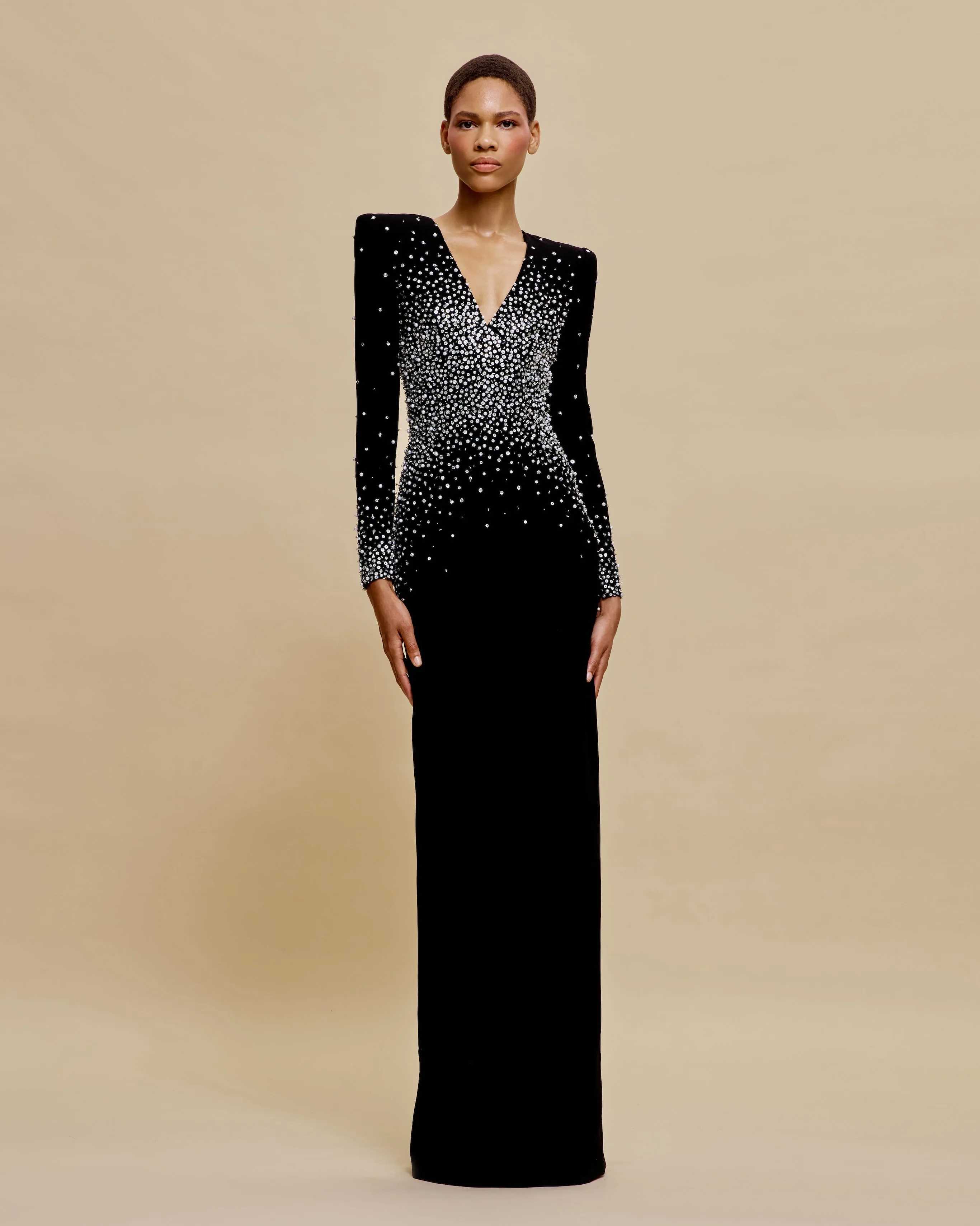 PEARL EMBELLISHED V-NECK LONG SLEEVE COLUMN GOWN sold by Naeem Khan