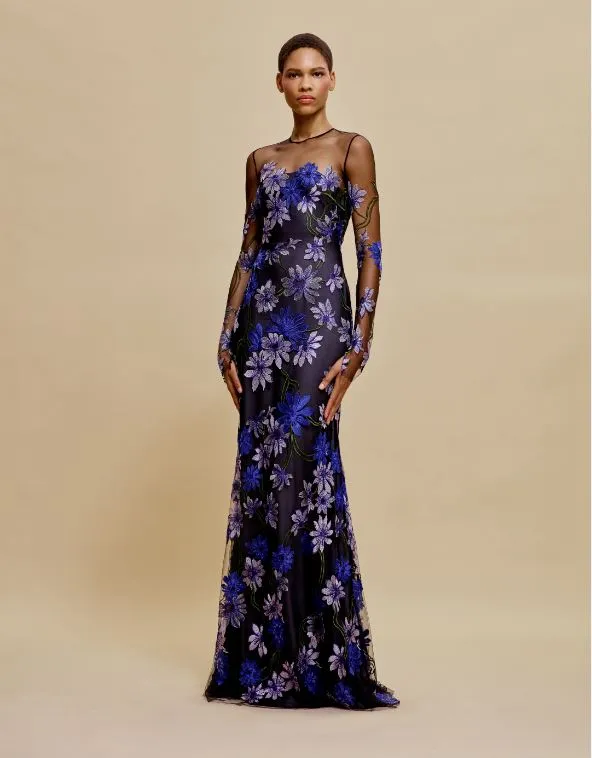 BOAT NECK FIT-AND-FLARE GOWN WITH LONG SLEEVES sold by Naeem Khan