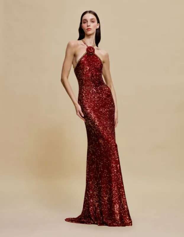 STRETCH SEQUIN HALTER FIT-AND-FLARE GOWN WITH BEADED TRIM sold by Naeem Khan