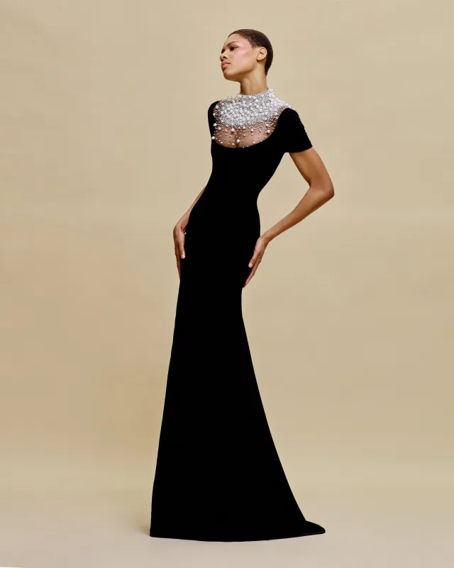 PEARL EMBELLISHED NECKLINE FIT-AND-FLARE GOWN WITH CAP SLEEVES sold by Naeem Khan