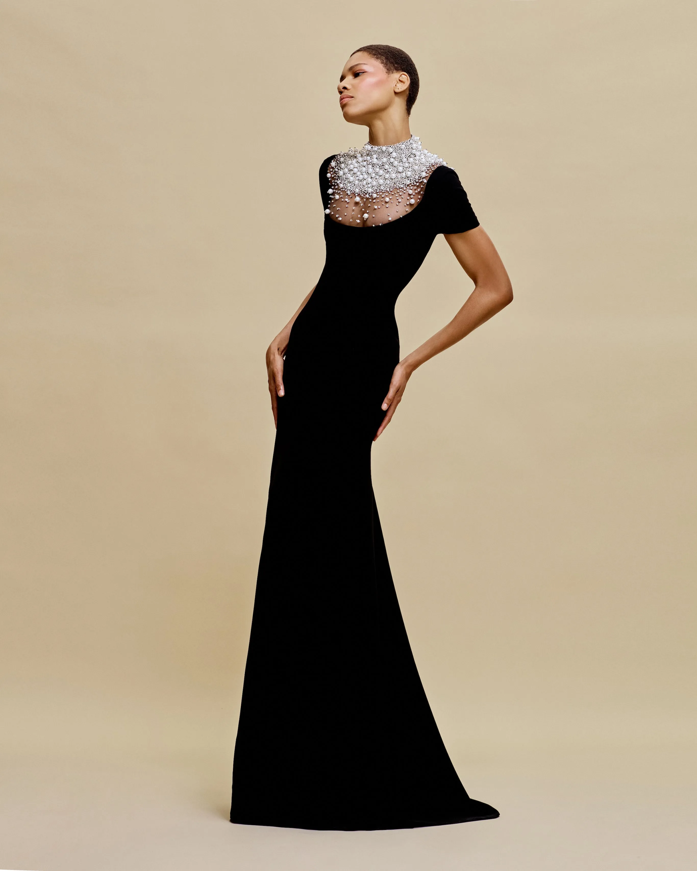 PEARL EMBELLISHED NECKLINE FIT-AND-FLARE GOWN WITH CAP SLEEVES sold by Naeem Khan