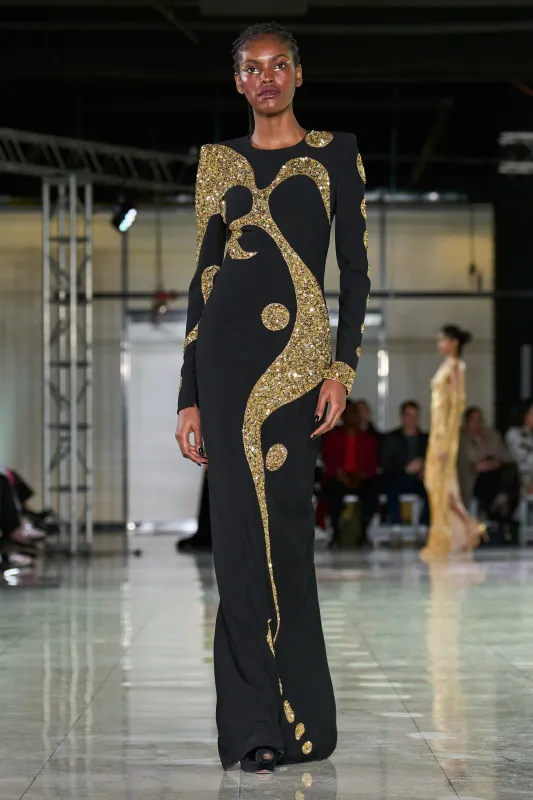 BEADED JEWEL NECK COLUMN GOWN WITH LONG SLEEVES sold by Naeem Khan