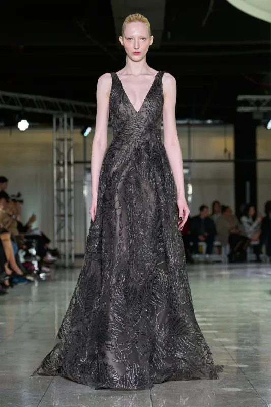 METALLIC RAFFIA V-NECK EMPIRE WAIST GOWN WITH TROMPE L'OEIL SKIRT sold by Naeem Khan