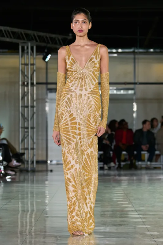 BEADED V-NECK GOWN WITH COWL BACK sold by Naeem Khan