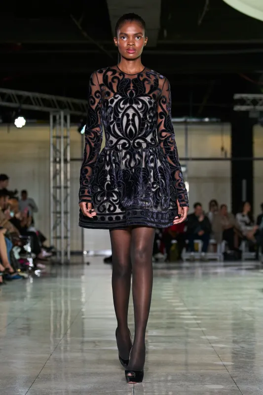 VELVET EMBROIDERED JEWEL NECK DRESS WITH LONG SLEEVES sold by Naeem Khan