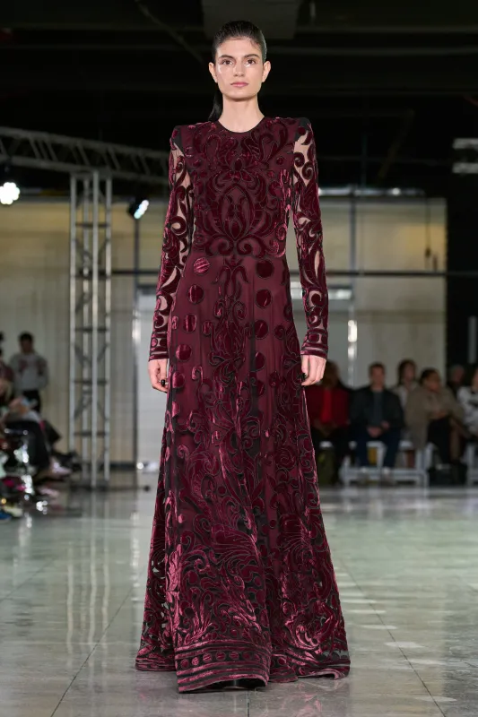 VELVET EMBROIDERED FULL SKIRT GOWN WITH LONG SLEEVES sold by Naeem Khan