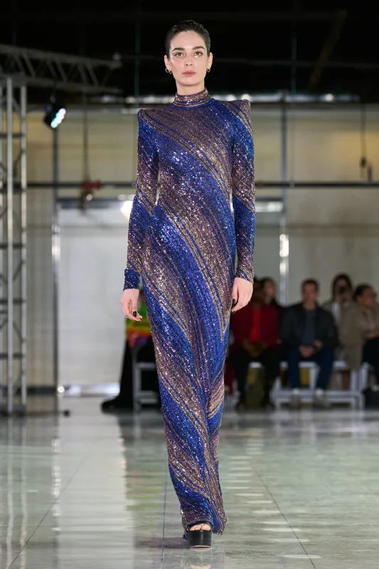 STRETCH SEQUIN LONG SLEEVE MOCK NECK GOWN sold by Naeem Khan