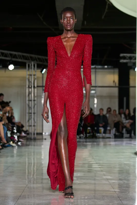 BEADED V-NECK EMPIRE WAIST GOWN WITH LONG SLEEVES AND CENTER SLIT sold by Naeem Khan