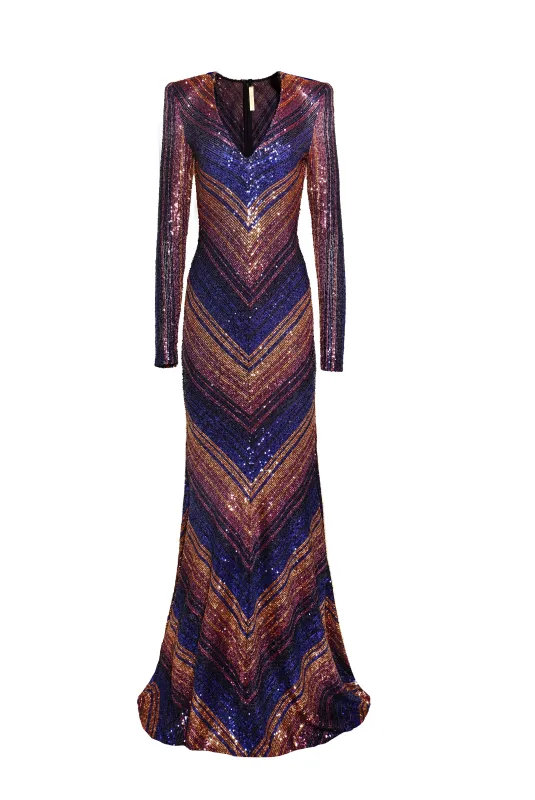 L/S V-NECK FIT AND FLARE GOWN BIAS WITH CF SEAM sold by Naeem Khan
