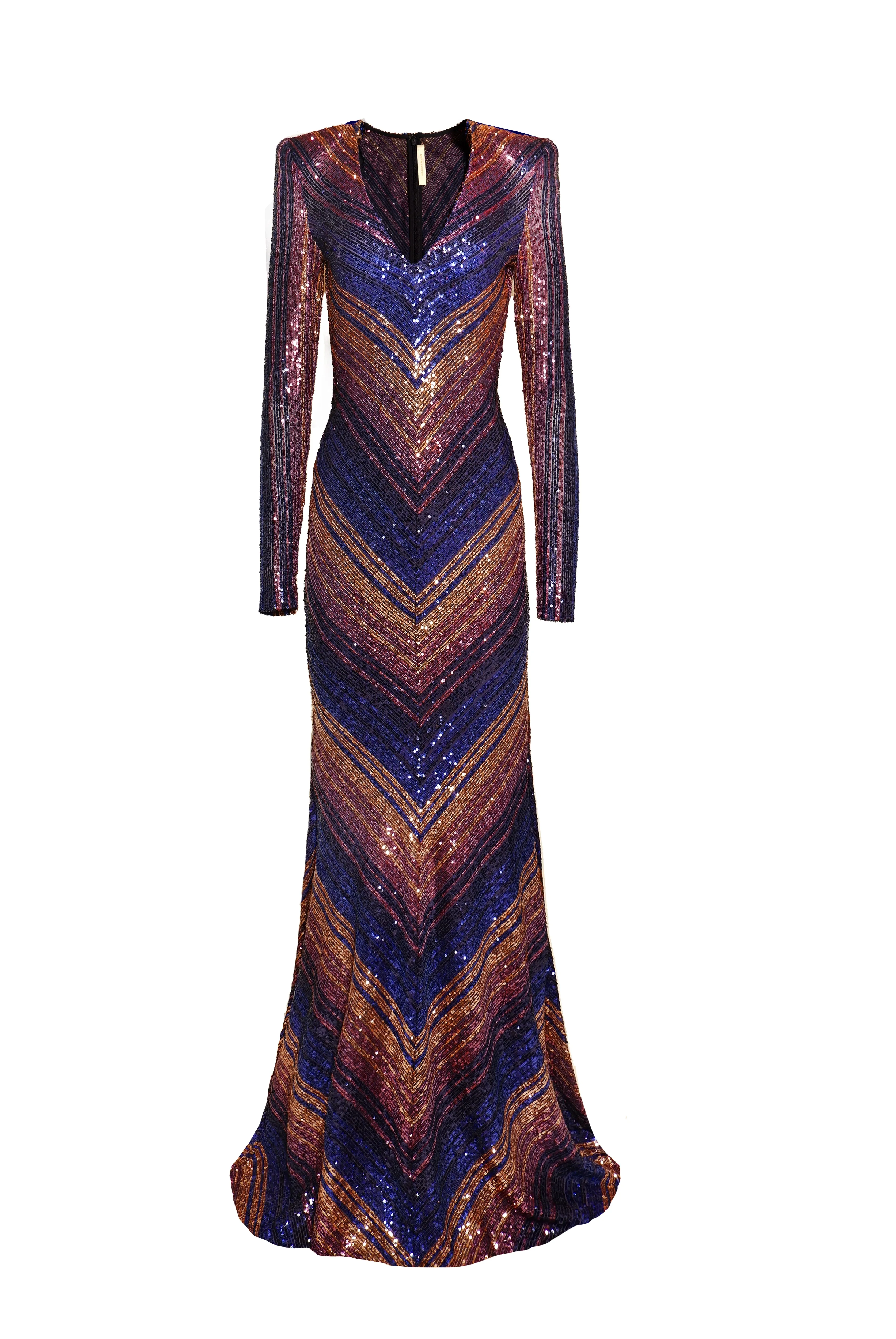 L/S V-NECK FIT AND FLARE GOWN BIAS WITH CF SEAM sold by Naeem Khan