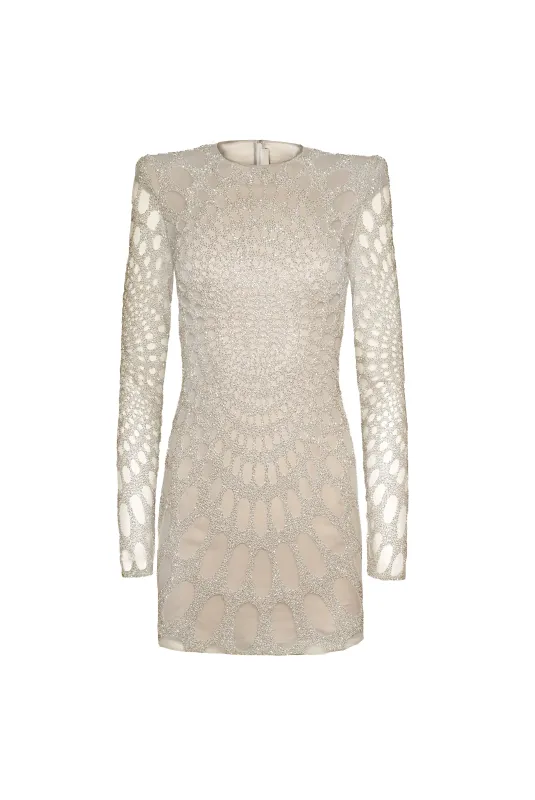 BEADED JEWEL NECK MINI DRESS WITH LONG SLEEVES sold by Naeem Khan